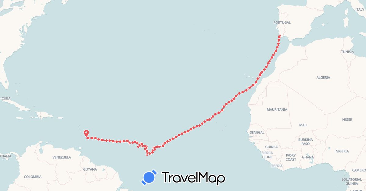 TravelMap itinerary: driving, rowing in Portugal (Europe)